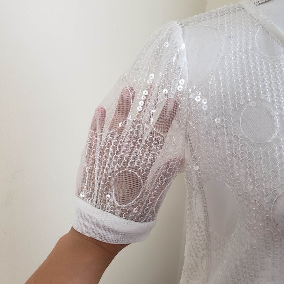Eva Franco Russian Gia Sequin Short Sleeve Top White Size XS - Picture 8 of 15